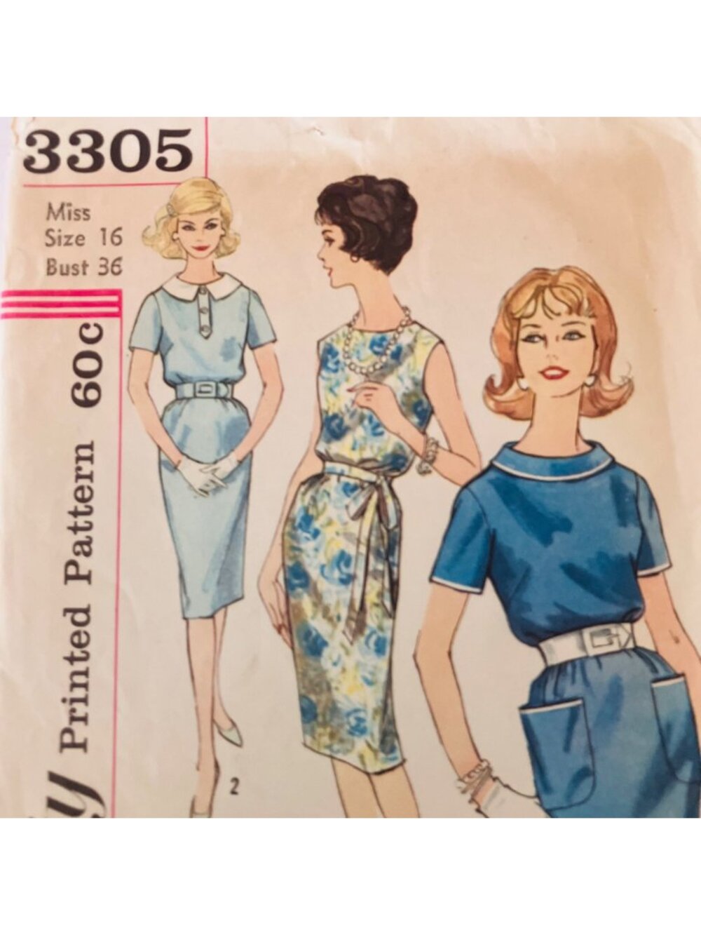 60s Simplicity 3305 Sheath Dress Sewing Pattern Detachable Collar Size 16 B36 CC